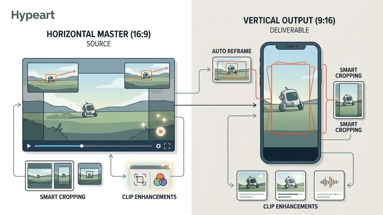 Horizontal video source being processed and reframed into a vertical mobile output with smart cropping