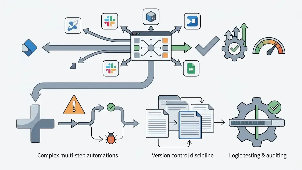 Integration hub routing to automation paths, version control, and logic testing gear systems
