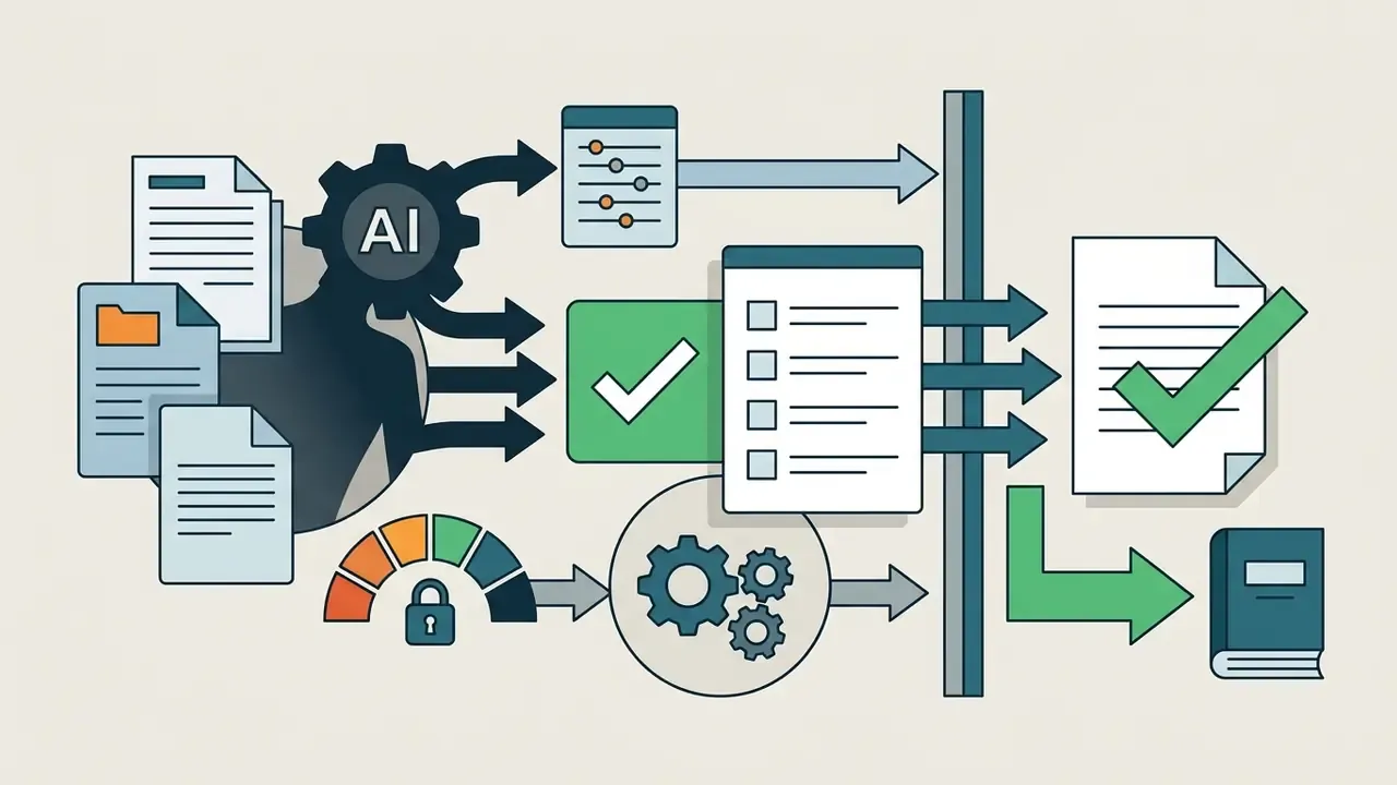 Documents and AI gear processing inputs through a security gate to reach a final verified record