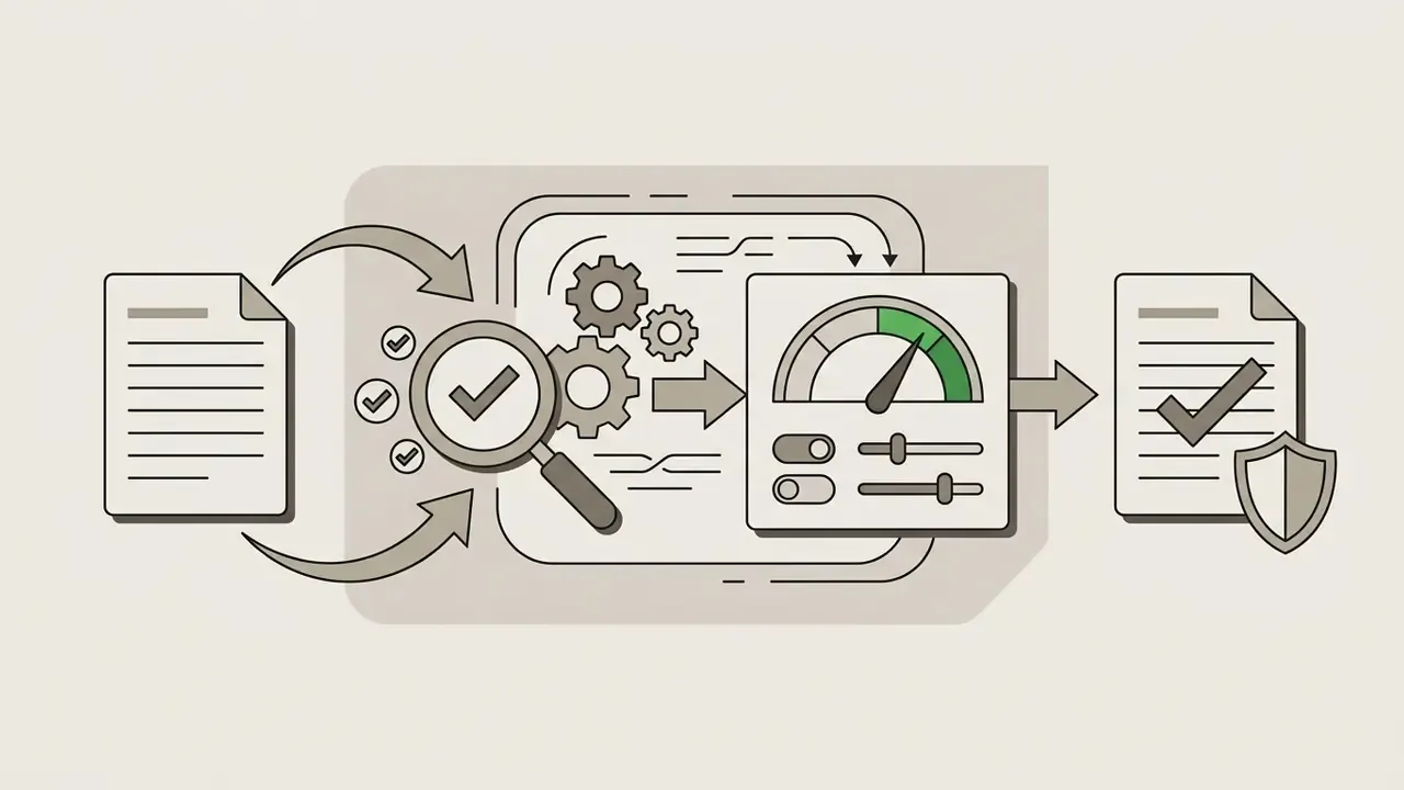 Document being reviewed by a magnifying glass and adjusted by settings before being verified by a shield