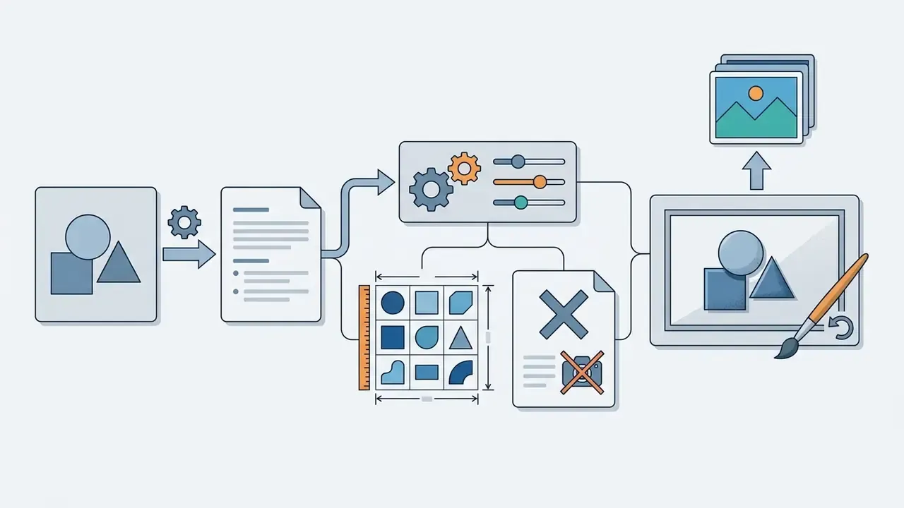 Visual reference converting to structured prompts with aspect ratio settings and negative constraints