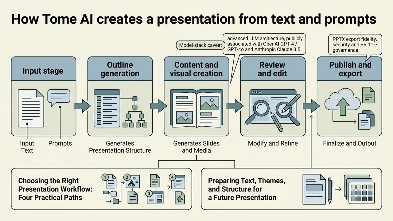Flowchart detailing the sequential stages of generating presentations from text inputs and prompts