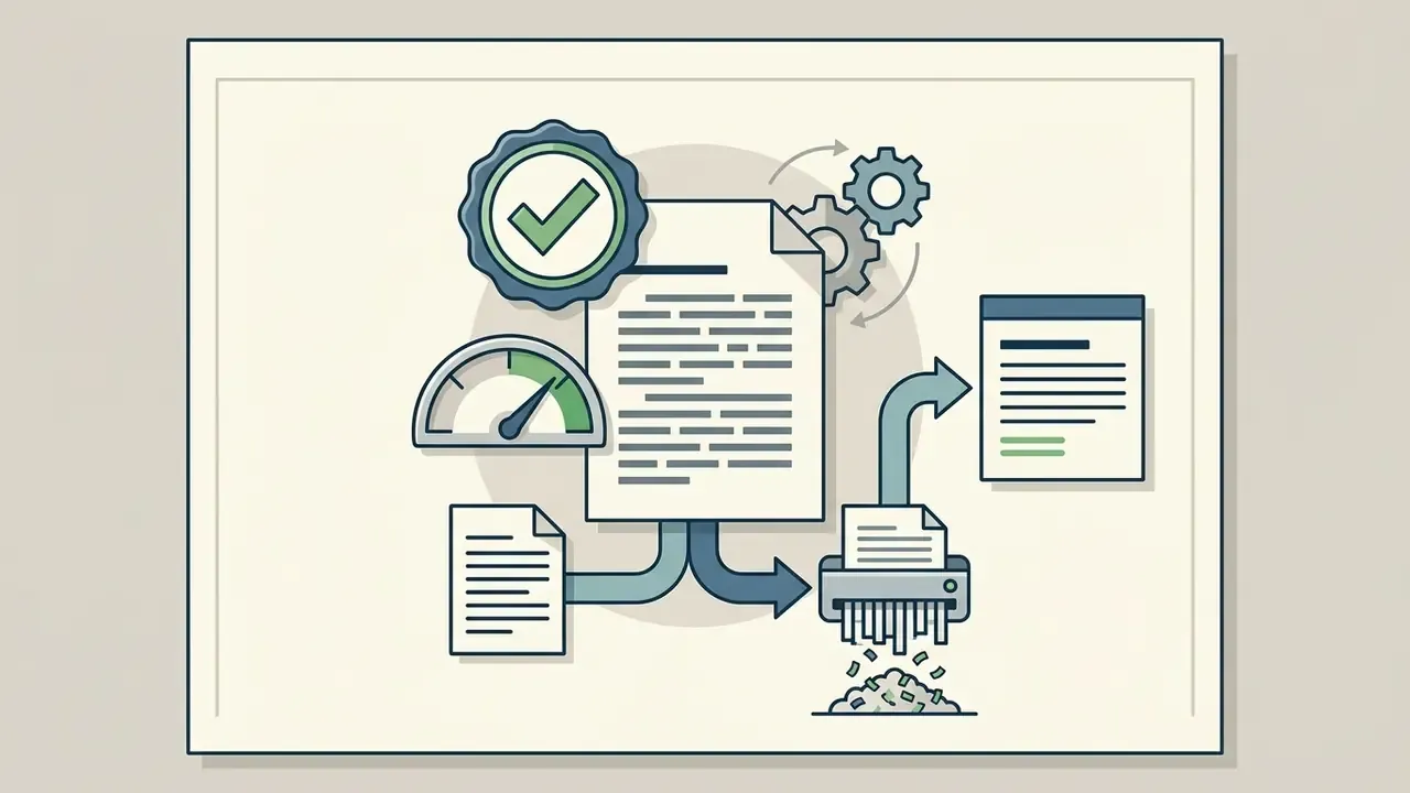 Document with a checkmark and gauge being sorted into a clean file and a paper shredder