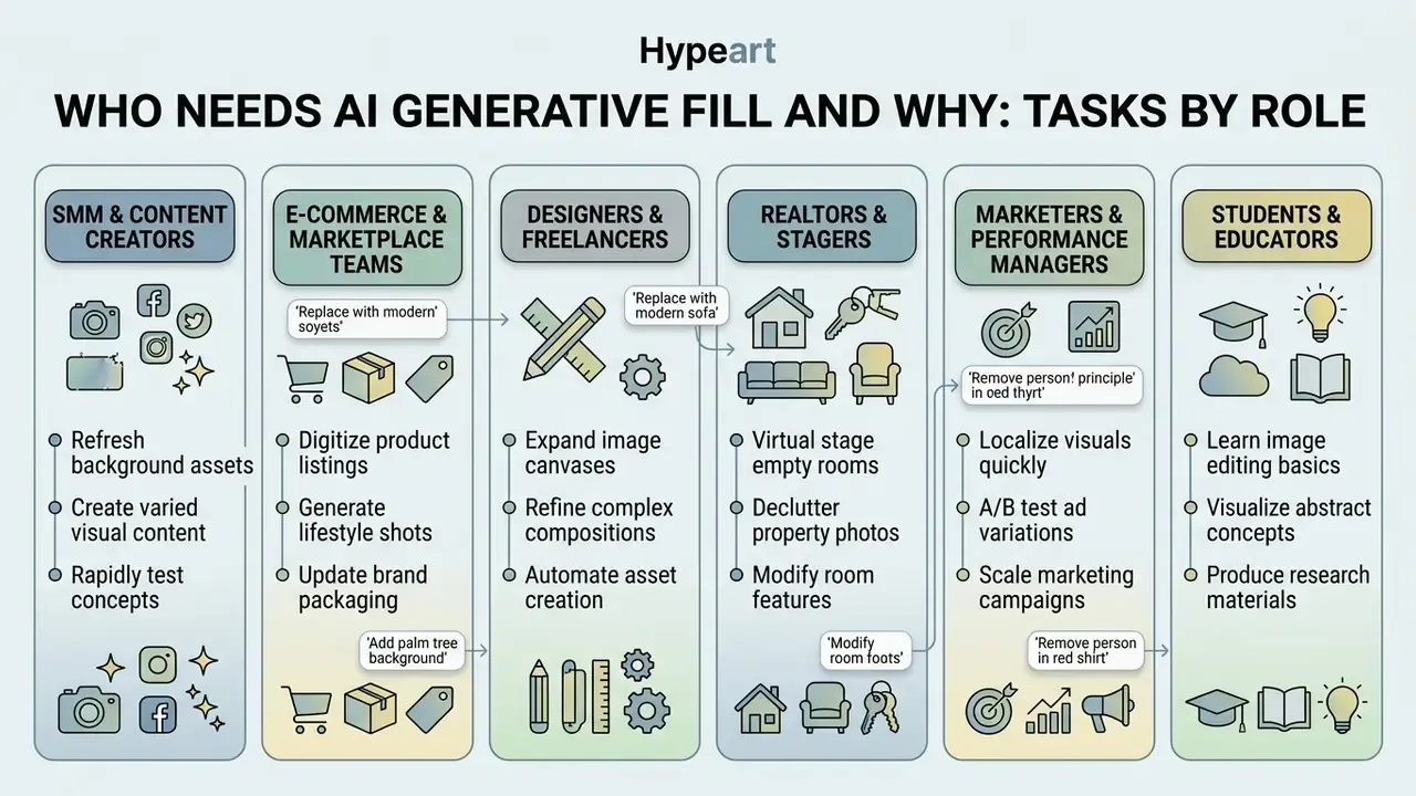Table showing how different professional roles use generative editing for specific tasks and workflows