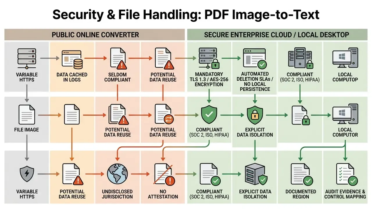 Comparison table contrasting security risks of public online converters with enterprise cloud solutions