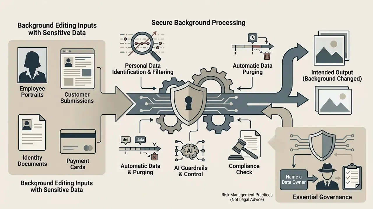 Diagram showing secure data processing steps for sensitive inputs like ID documents and employee portraits