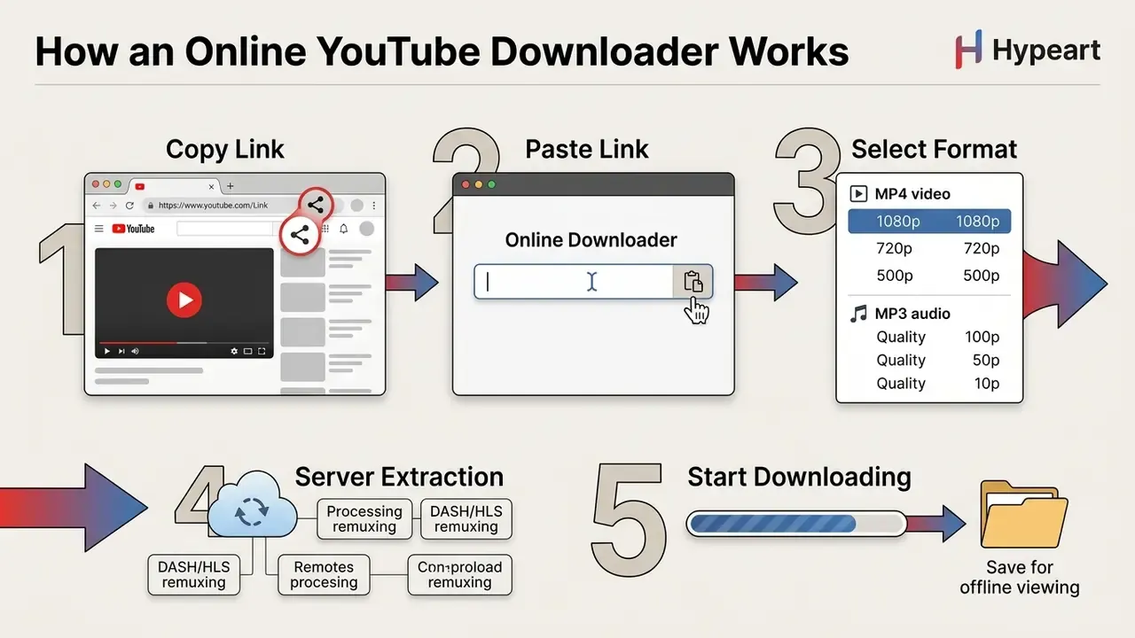 Step-by-step guide showing how to copy a URL, paste it into a downloader, and save media for offline use