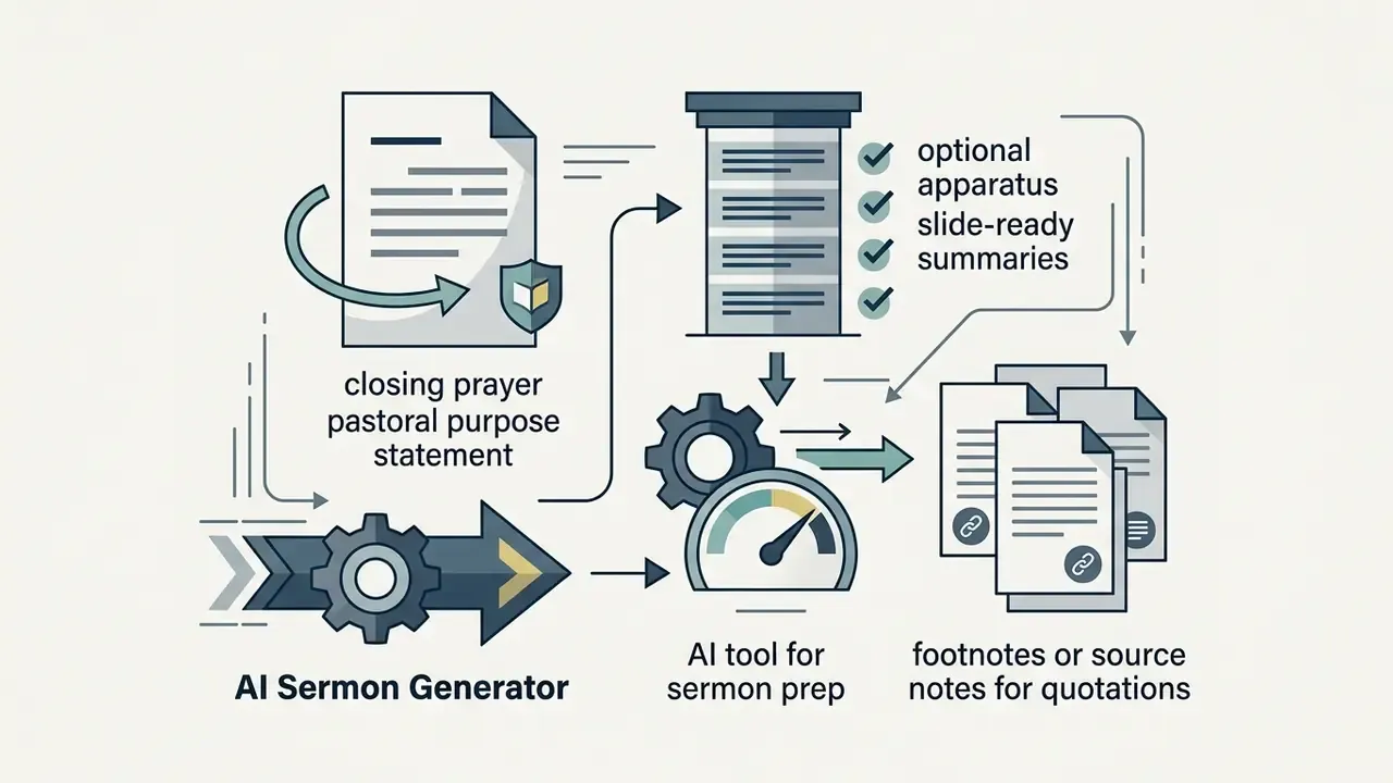 Diagram showing document processing with gears and a gauge to produce supplemental sermon materials