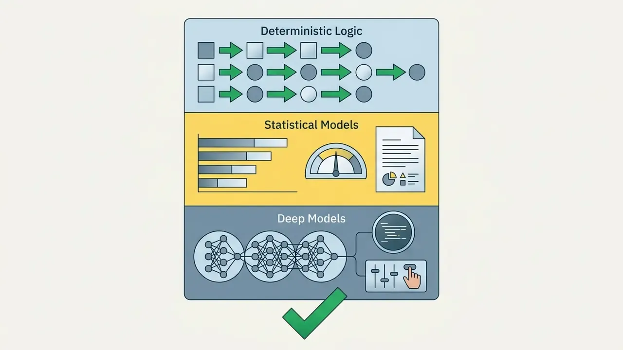 Three stacked panels representing deterministic logic, statistical models, and deep models with icons