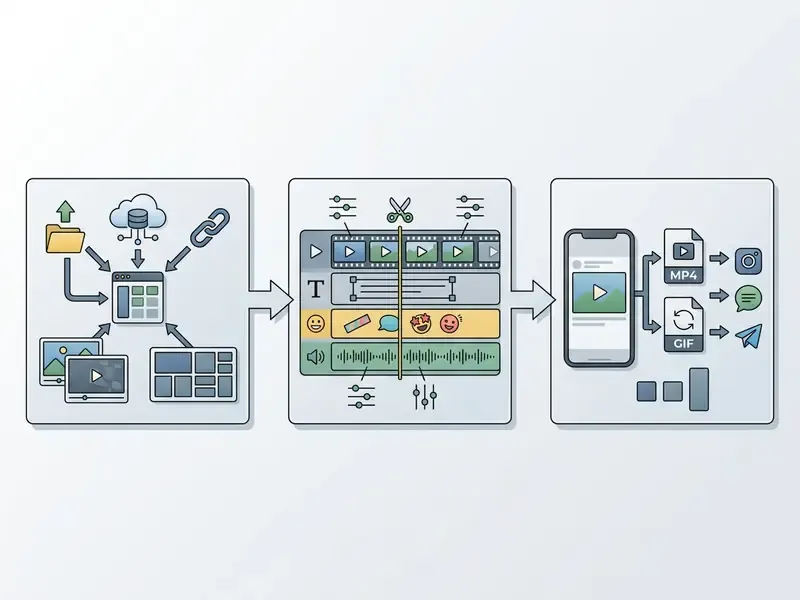 Flowchart depicting media import, timeline editing with overlays, and final export to social platforms