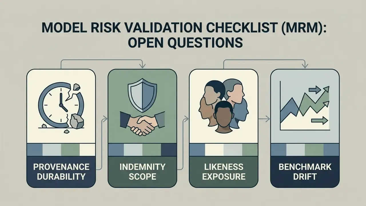 Four interconnected boxes illustrating key open questions regarding model risk and validation criteria