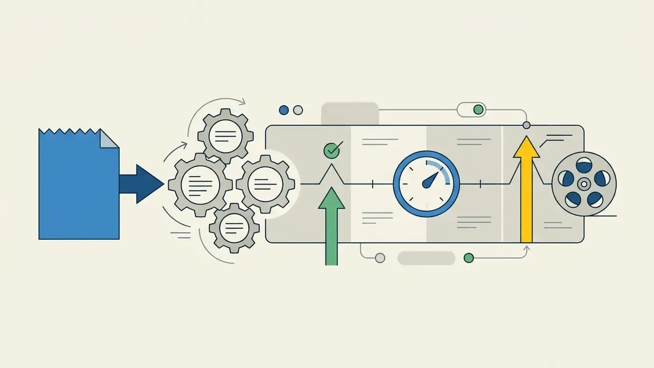 Document icon feeding into gears and a speedometer process leading to a film reel symbol