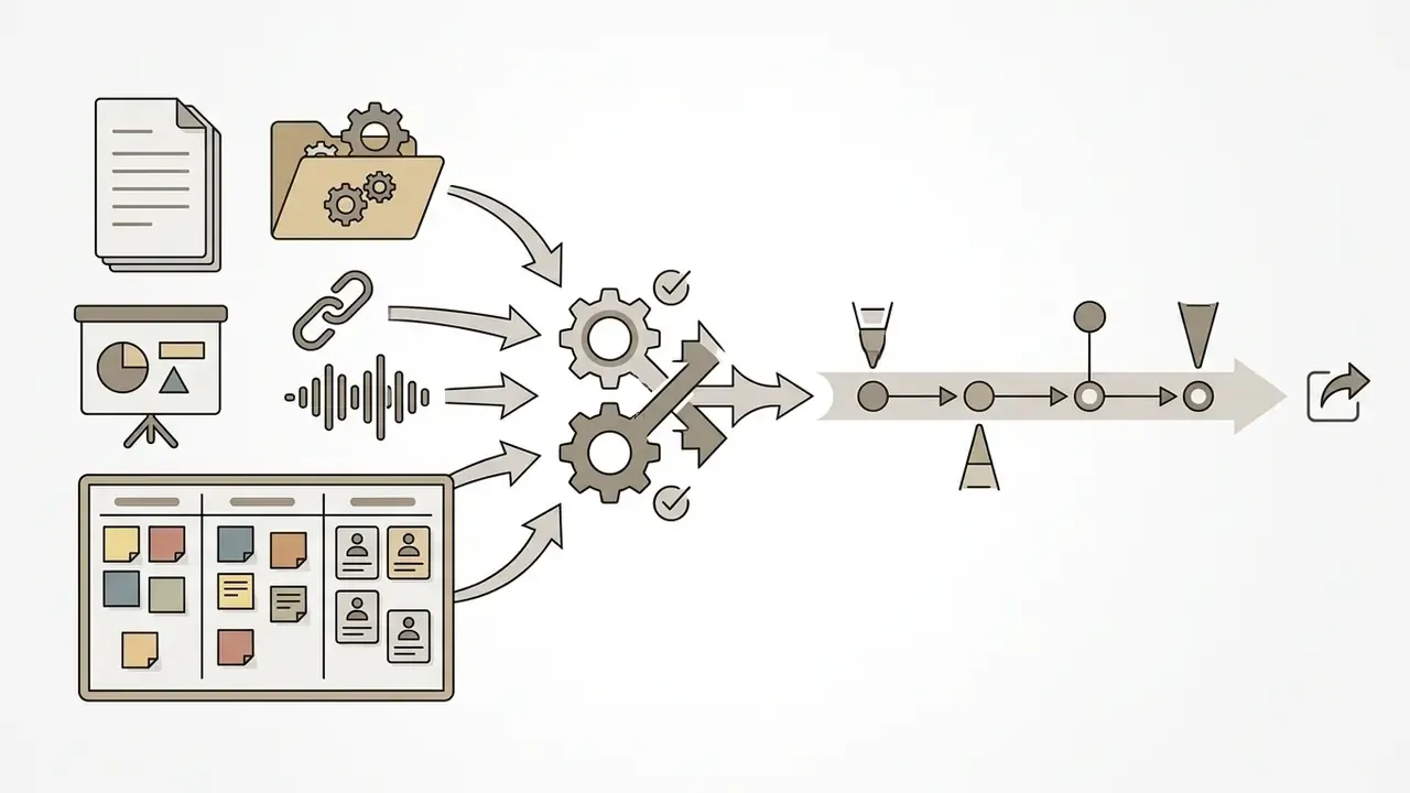 Whiteboard sticky notes and digital files flowing through gears to form a sequential project schedule