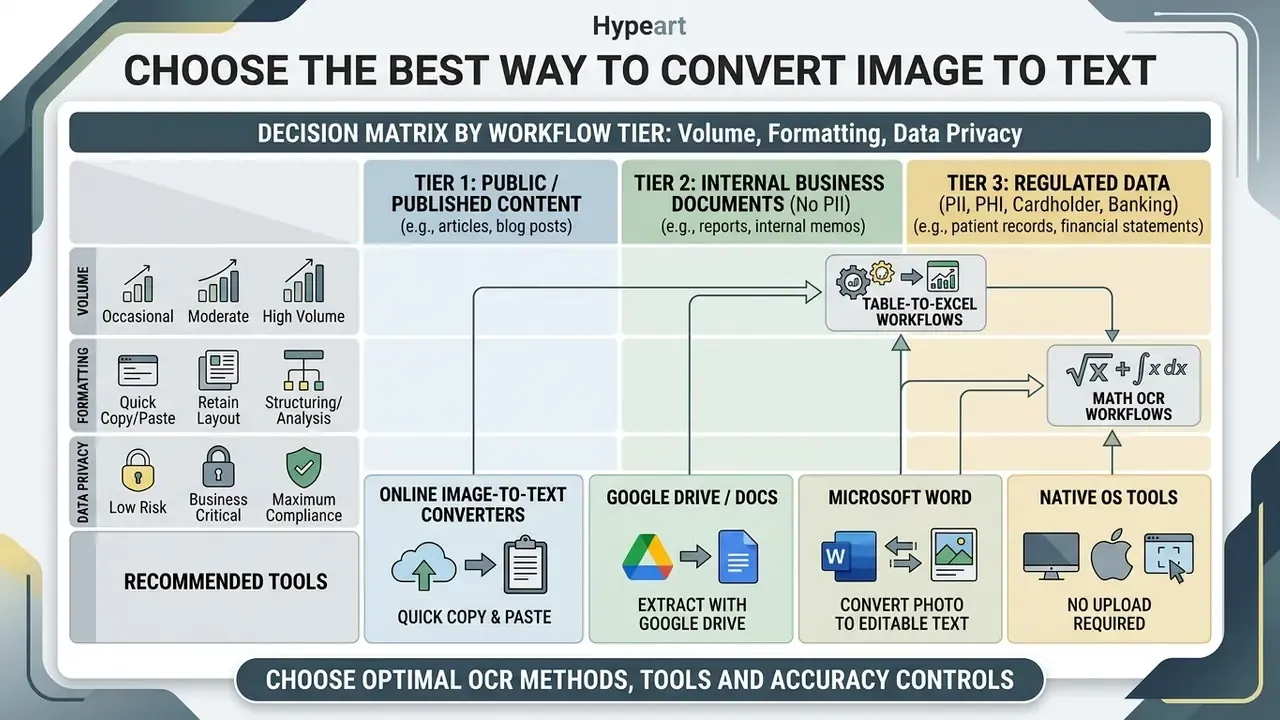 Decision matrix comparing workflow tiers, document types, and recommended tools for text extraction
