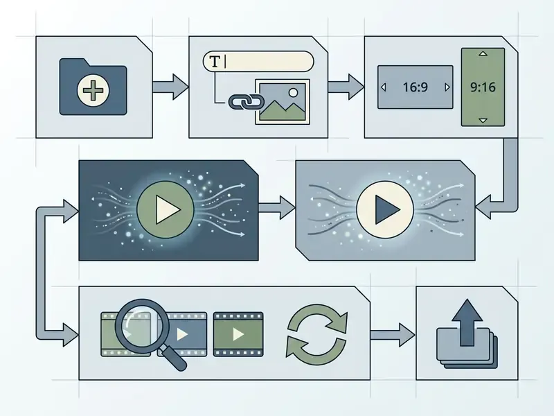 Sequential process flow for using Google Veo to create, generate, refine, and export AI video projects