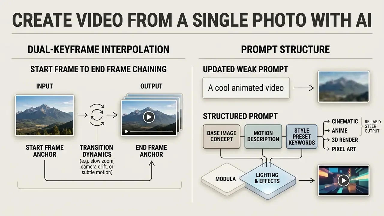Diagram showing dual-keyframe interpolation and structured prompt methods for creating a video from a photo