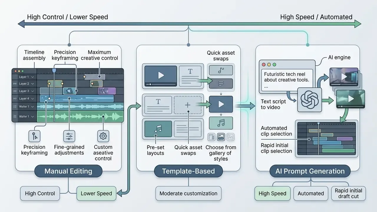 Spectrum showing three video production methods ranging from manual timeline editing to AI prompt generation