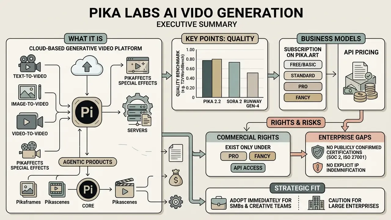 Flowchart outlining Pika Labs AI video generation capabilities, quality benchmarks, and business models
