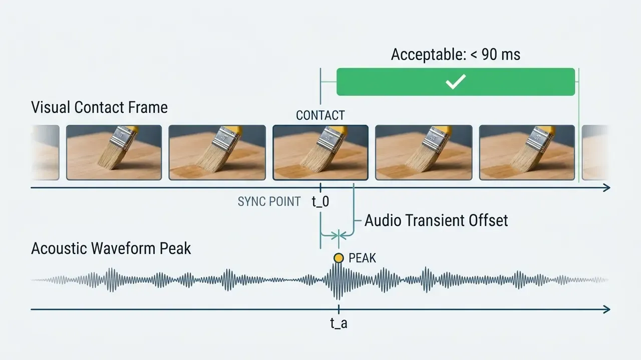 Timeline showing the alignment of a visual contact frame with an acoustic waveform peak for synchronization
