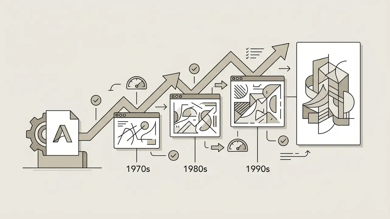 Upward arrow showing the progression of AI generated art from a mechanical gear system through the decades