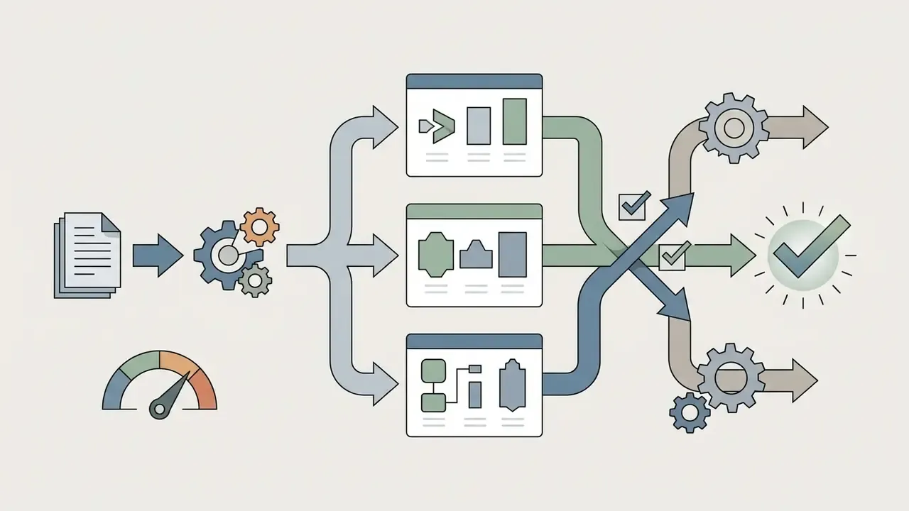 Process diagram showing document input feeding into model selection nodes and output verification steps