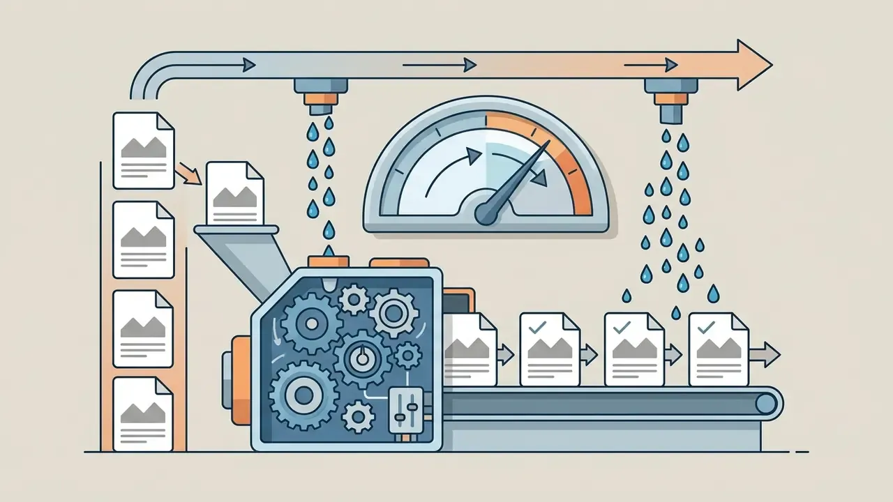 Documents moving through a machine with gears and a gauge to show how ChatGPT Plus image limits work