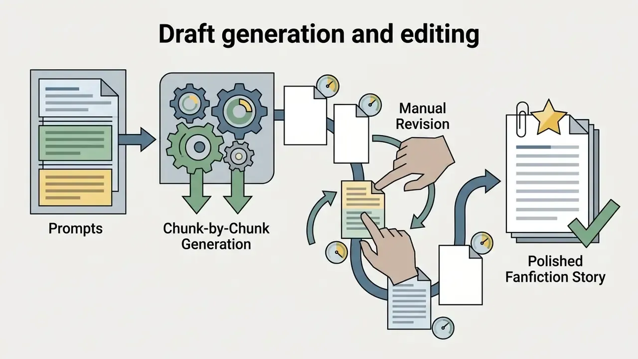 Document prompts feeding into a gear system for iterative text generation and manual revision cycles