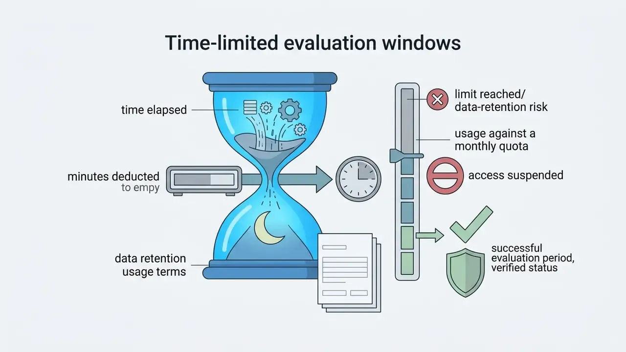 Hourglass representing time-limited evaluation windows for a free AI video generator