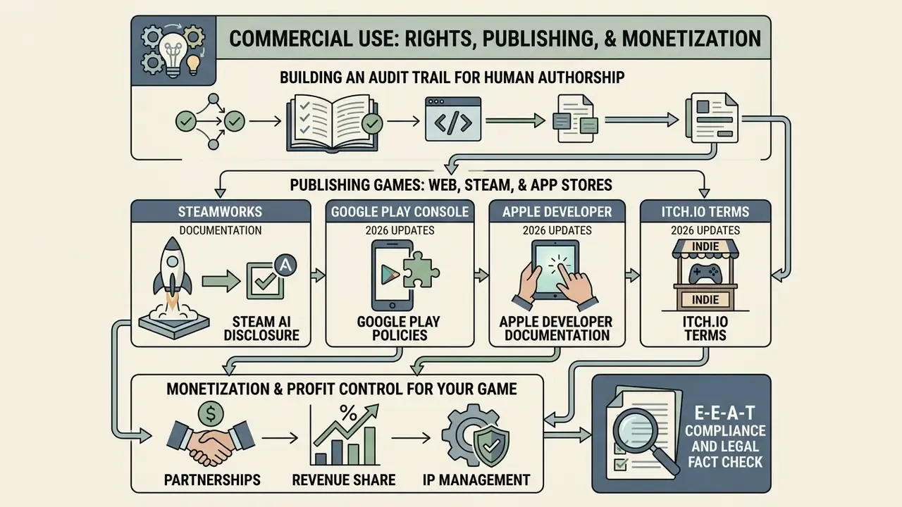 Three-part infographic mapping the workflow for copyright documentation, platform store disclosure, and revenue