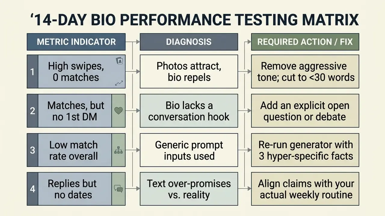 Table mapping four dating profile performance metrics to specific diagnoses and actionable improvements