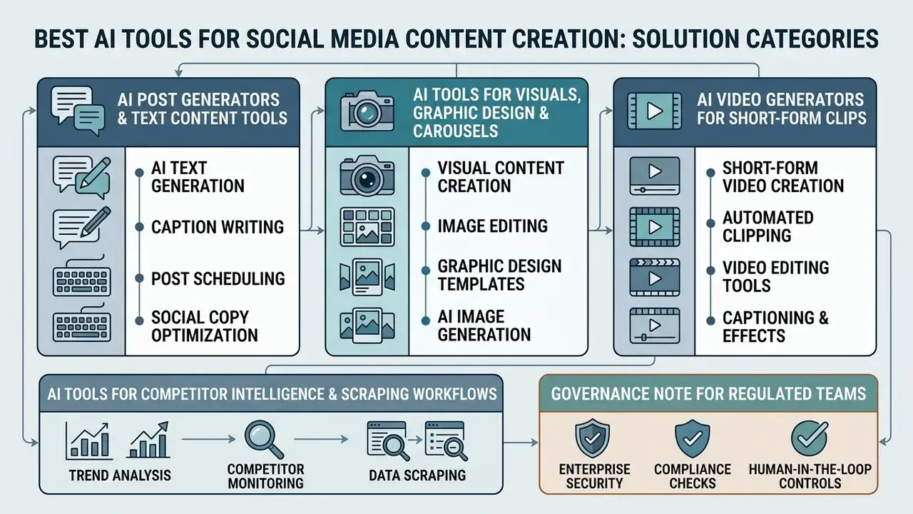Diagram categorizing software for text, visual, and video production alongside intelligence and compliance