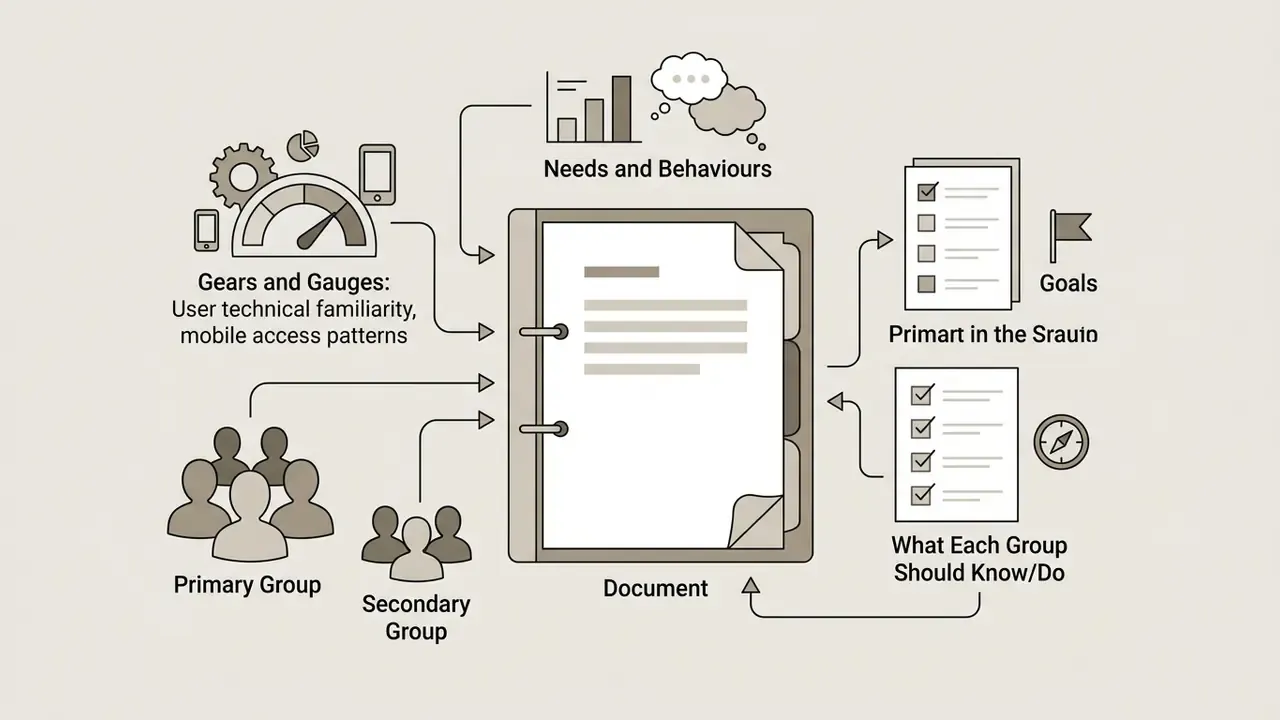 Central document icon connected to user groups, technical patterns, goals, and behavioral checklists