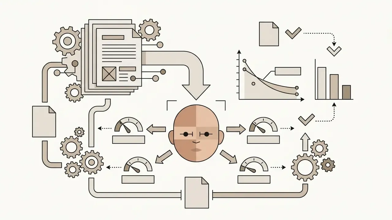 Stylized head icon surrounded by dials and gears representing facial feature adjustment and data processing