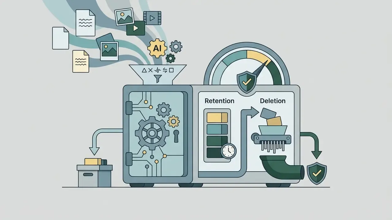 Documents and media files flowing into a vault processor that manages data retention and secure deletion