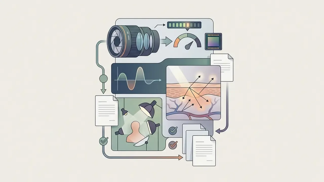 Camera lens and lighting icons connected to a skin subsurface scattering diagram and document outputs