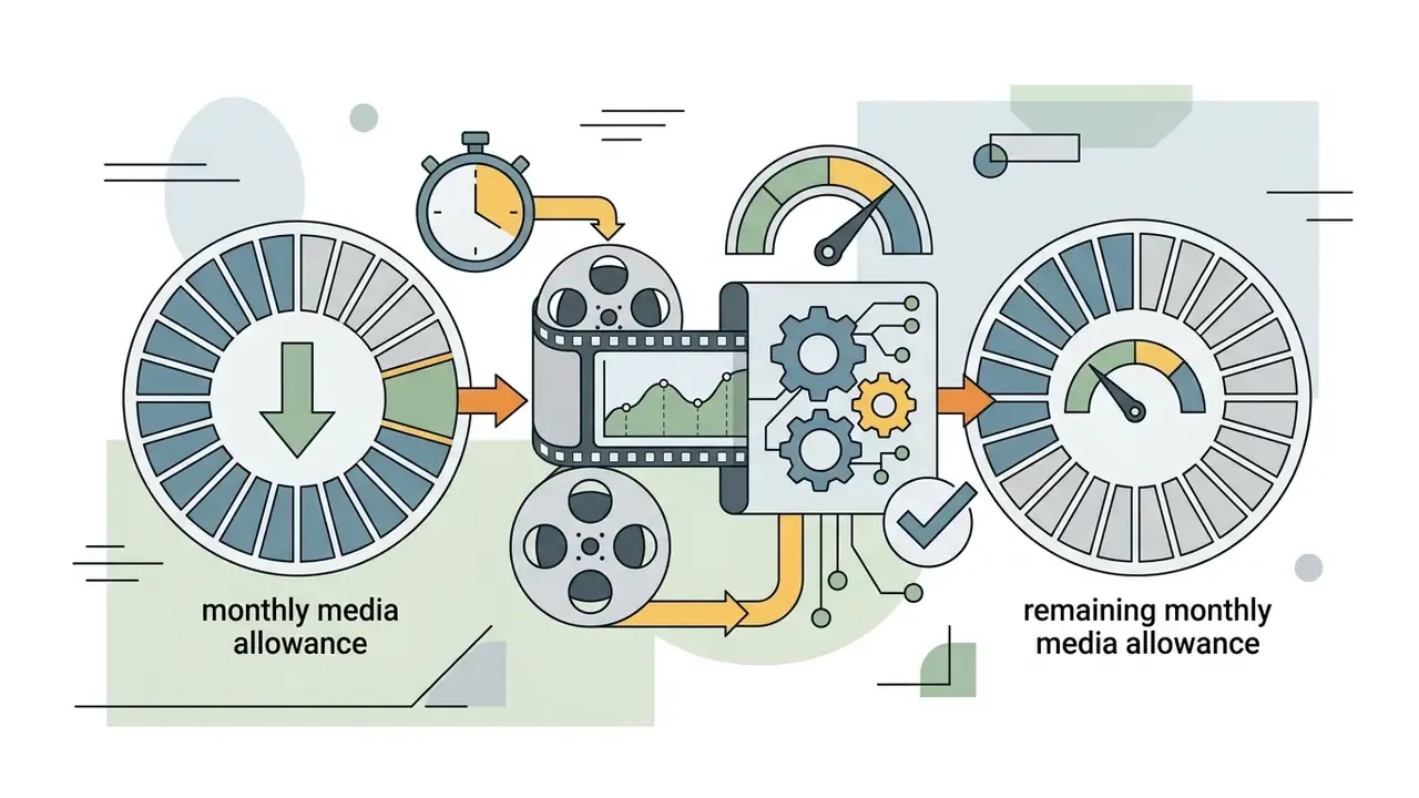 Diagram showing video processing reducing a monthly media allowance and tracking remaining usage