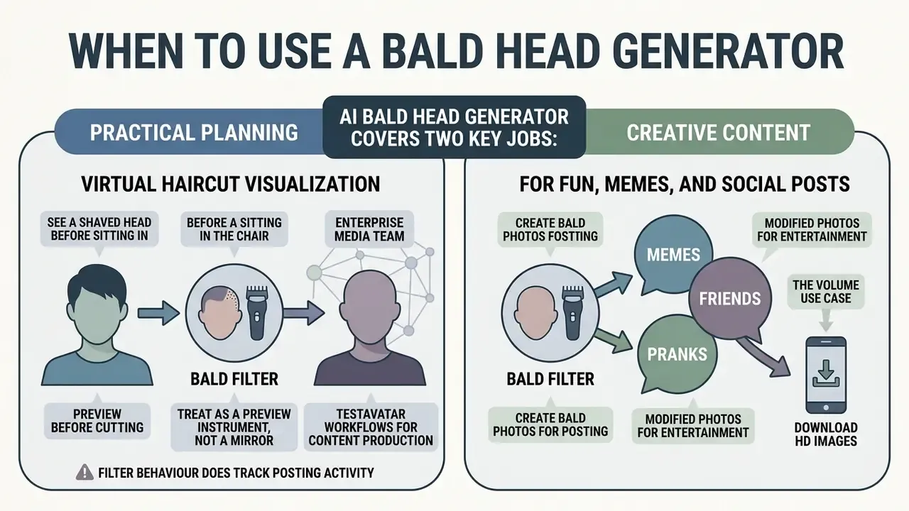 Split diagram comparing practical haircut visualization with creative uses for memes and social media