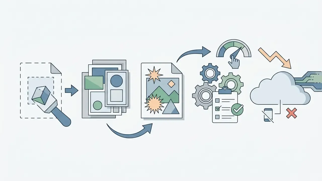 Sequence of icons showing image editing, template selection, processing, and cloud storage limitations