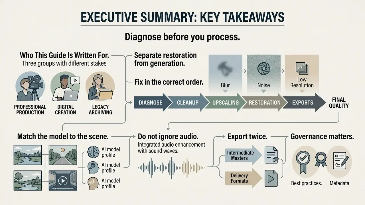 Infographic outlining steps to improve video quality, from initial diagnosis through restoration to final export