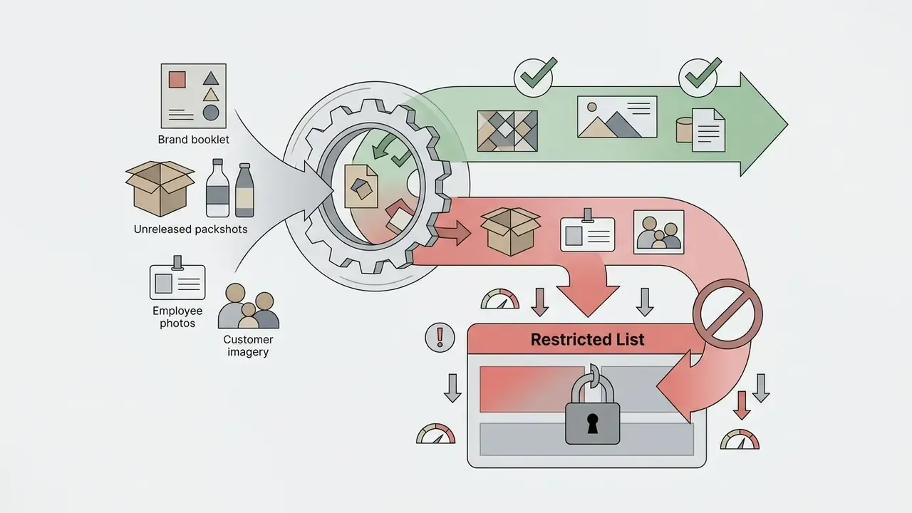 Process showing data inputs moving through a gear into approved green or restricted red pathways