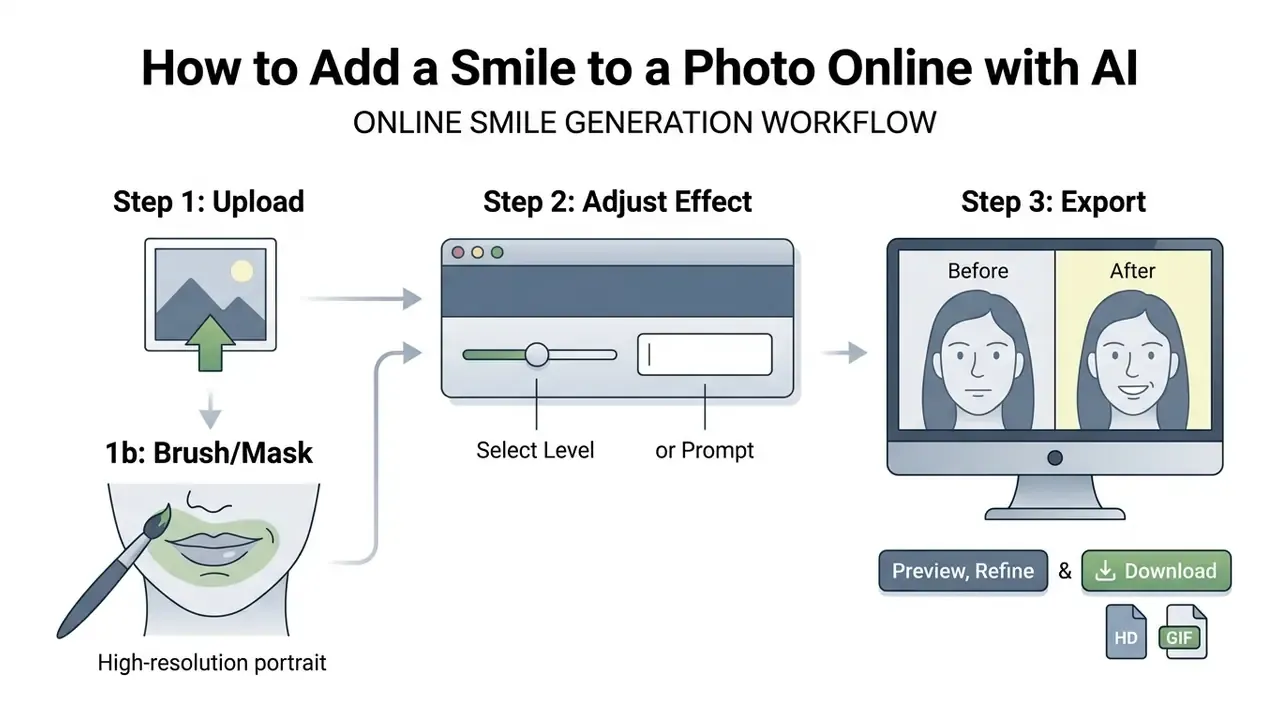 Three-step process diagram showing image upload, masking the mouth area, and adjusting AI smile effects