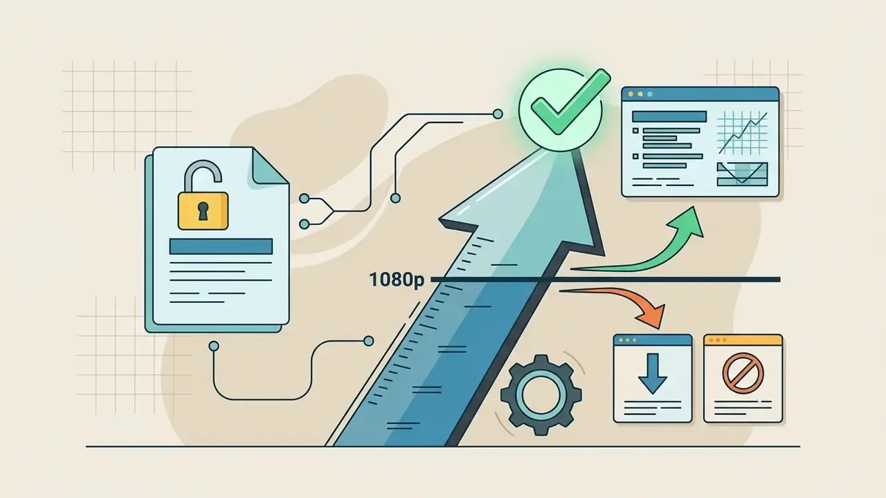 An upward arrow passing a 1080p threshold with unlocked document and export options
