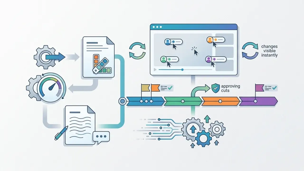 Collaborative interface showing team members editing a timeline with real-time feedback and approval loops