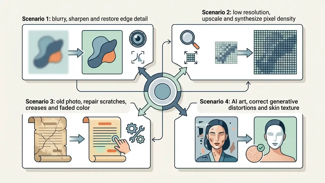 Four visual panels showing digital repair methods for blurry, low resolution, damaged, and AI generated images