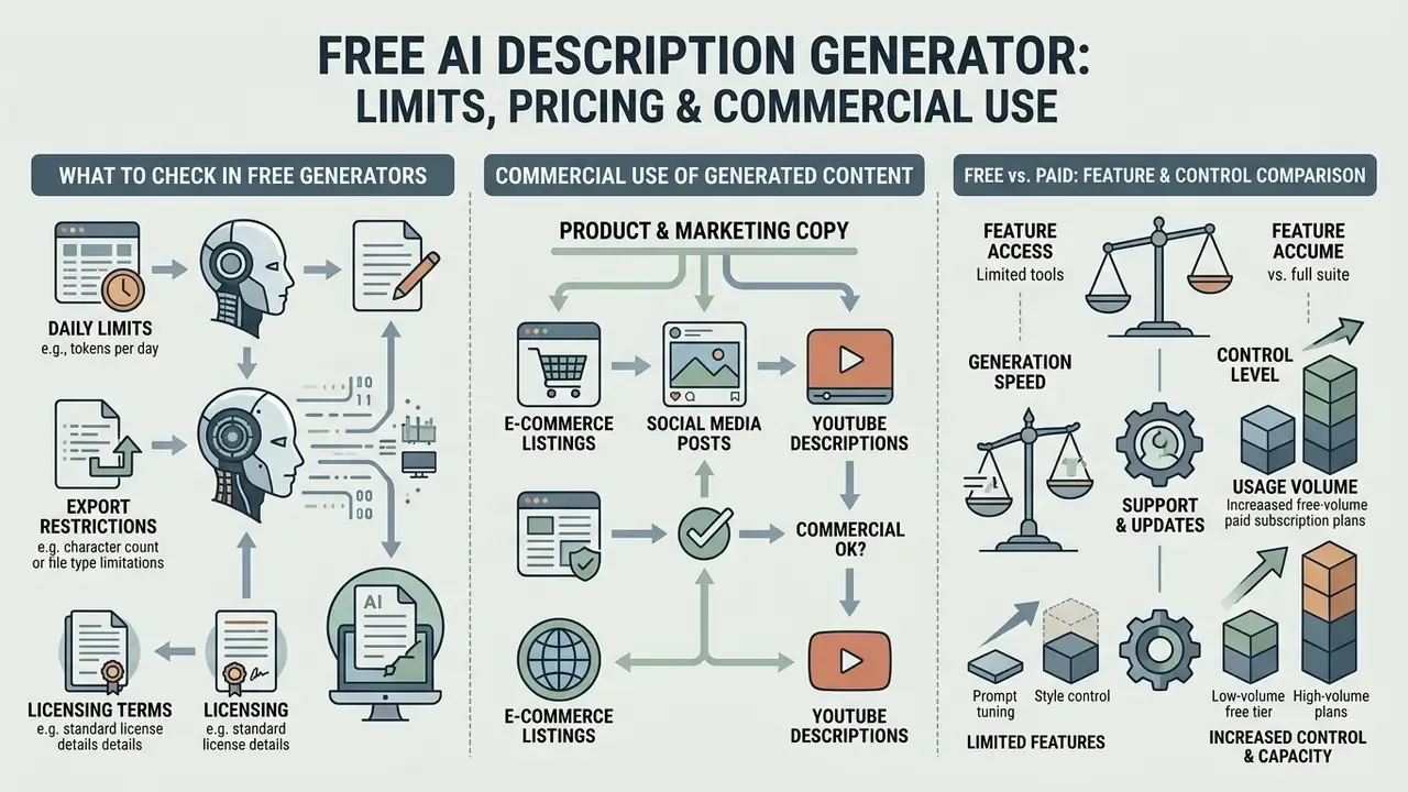 Three-part infographic detailing evaluation criteria for free tools including usage limits and licensing