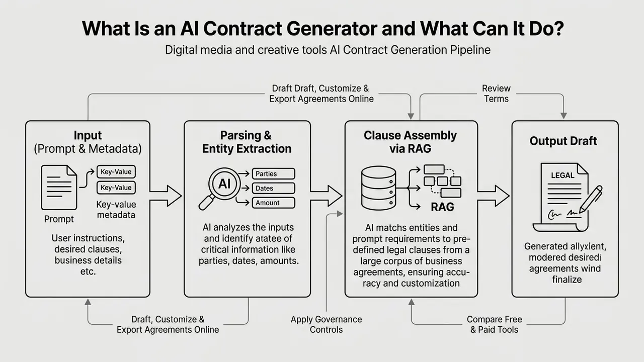 Flowchart showing the AI contract generator process from input prompts to final legal document output