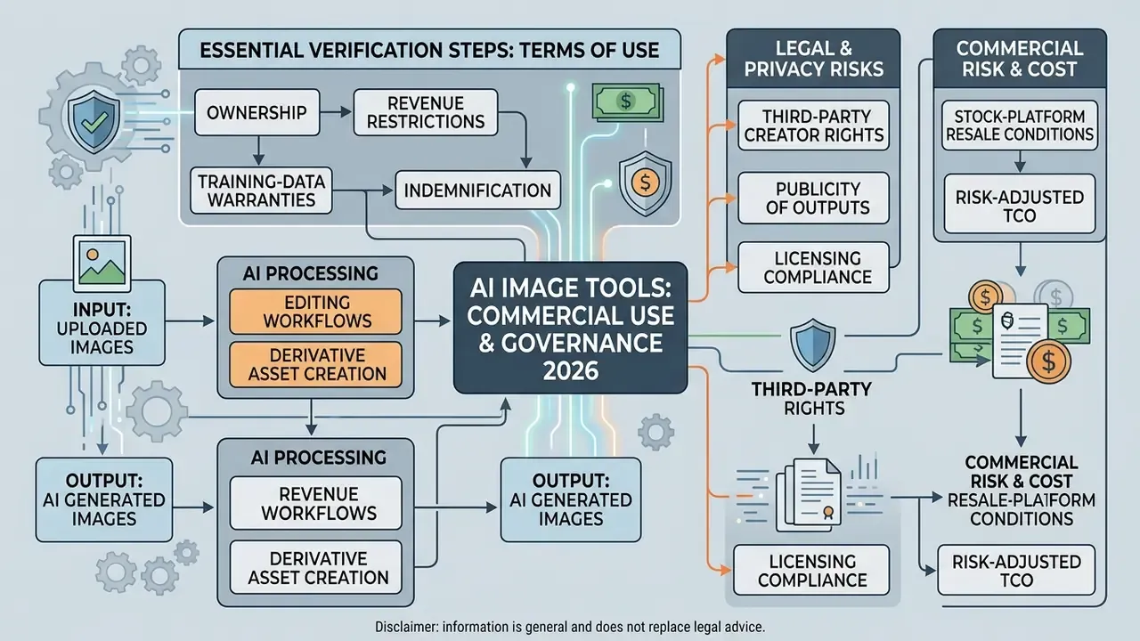 Diagram mapping verification steps, legal risks, and commercial costs for AI image tools governance