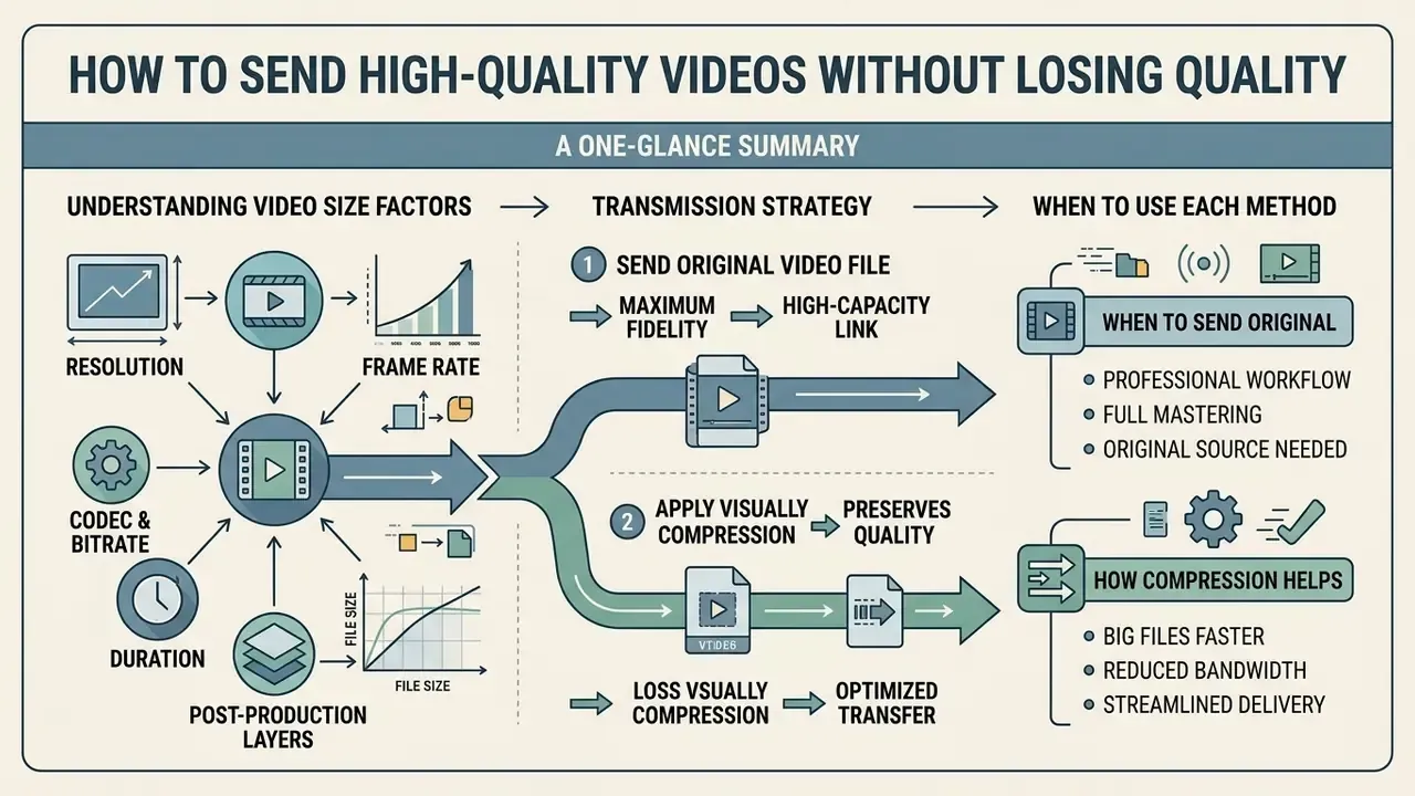 Infographic detailing video size factors, transmission strategies, and when to use compression methods