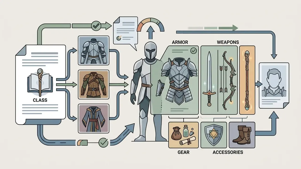 Visual guide showing how to select character classes, armor, weapons, and gear for a fantasy portrait
