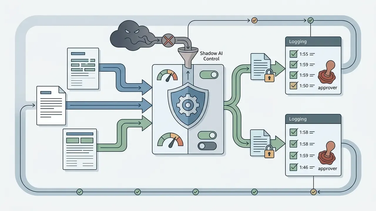 Documents flow through a shield processor into logging lists with stamps to verify user approval